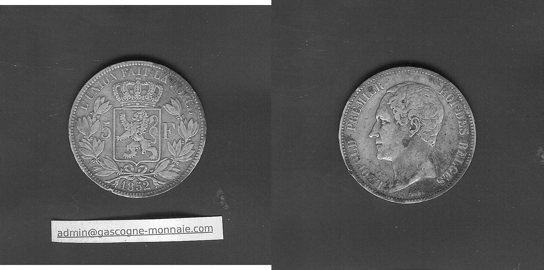 Belgique 5 francs 1852 TTB-